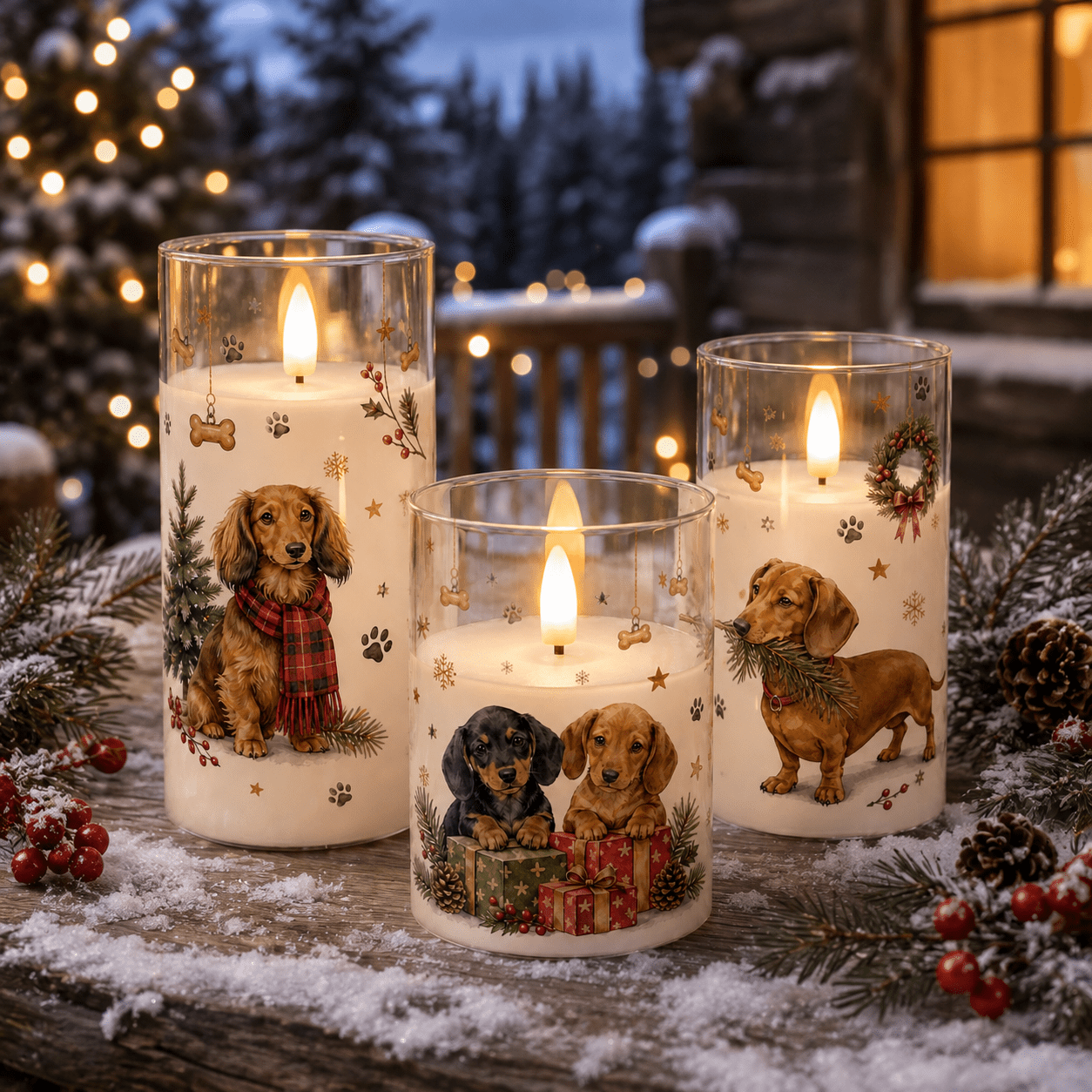 TEMU 3pcs Christmas Flameless Candle Lights, Dachshund Dog, Holiday Scarf, Gift Box & Pine Branch Design, Warm Decorative Lights For Table, Mantel,