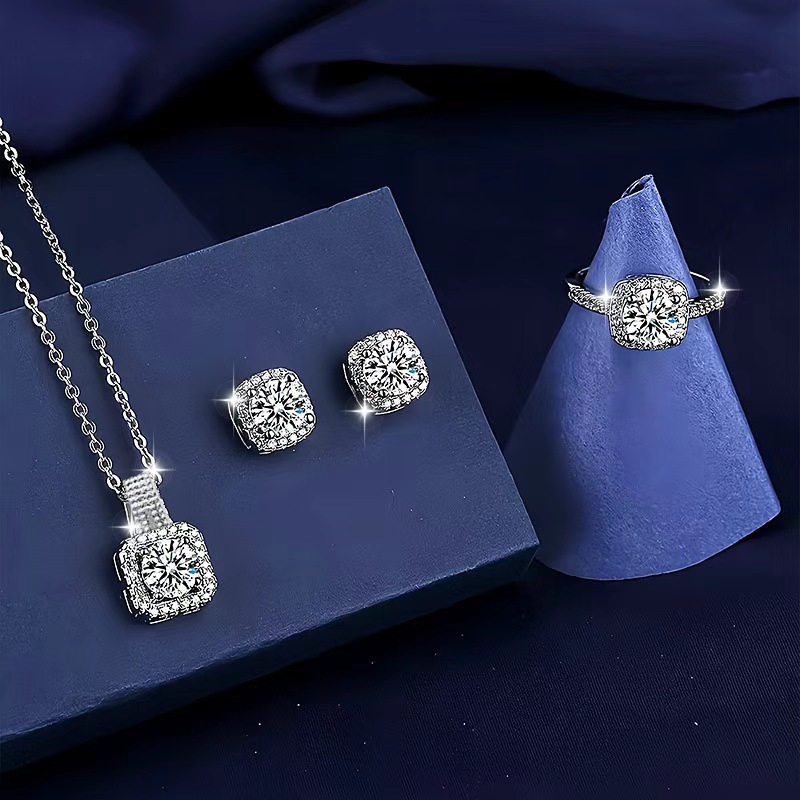 TEMU Conjunto de 4 piezas de lujo y elegante, moda plateada, acero inoxidable, micro-pavé, circonita sintética, diseño cuadrado, collar de calidad