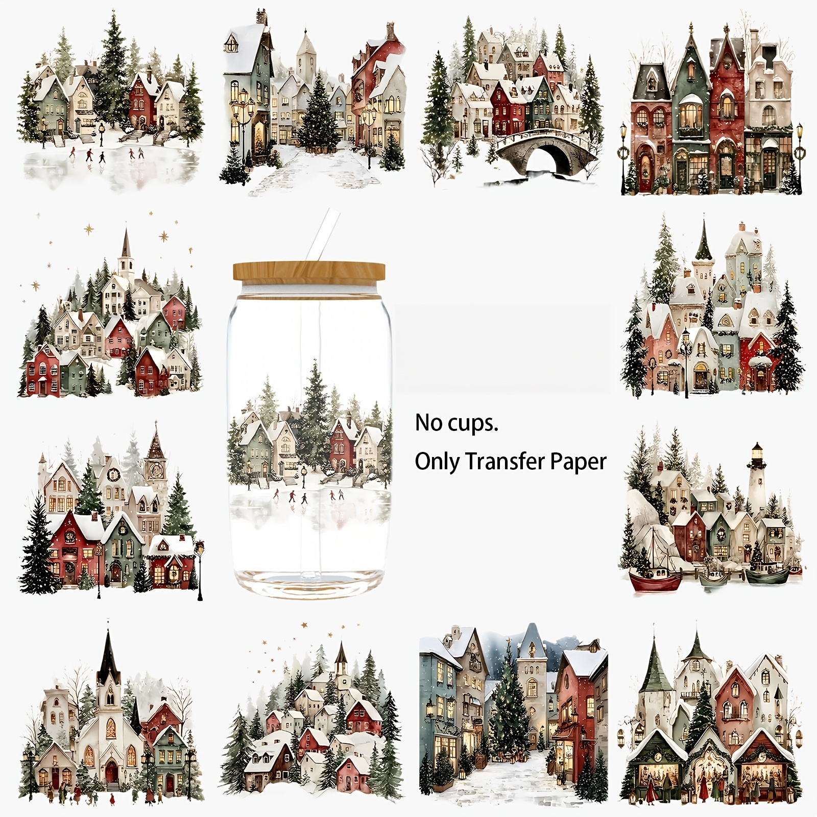 TEMU 12pcs Christmas Village Theme Uv Dtf Cup (dorsbaby), Suitable For 16oz Glass Mugs, Back-to-, Press-and-transfer For Mugs And Flower Pots, Strong