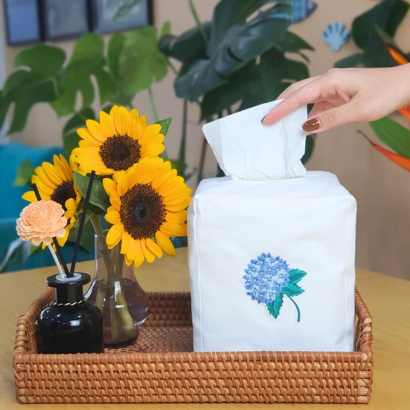 fabric tissue box cover set of 2 vintage floral embroidery hydrangea tissue holder bouquet wrapping bag car tissue holder tissues box cover   9 x 5 9 x 7 white square tissue box cover Product details 4