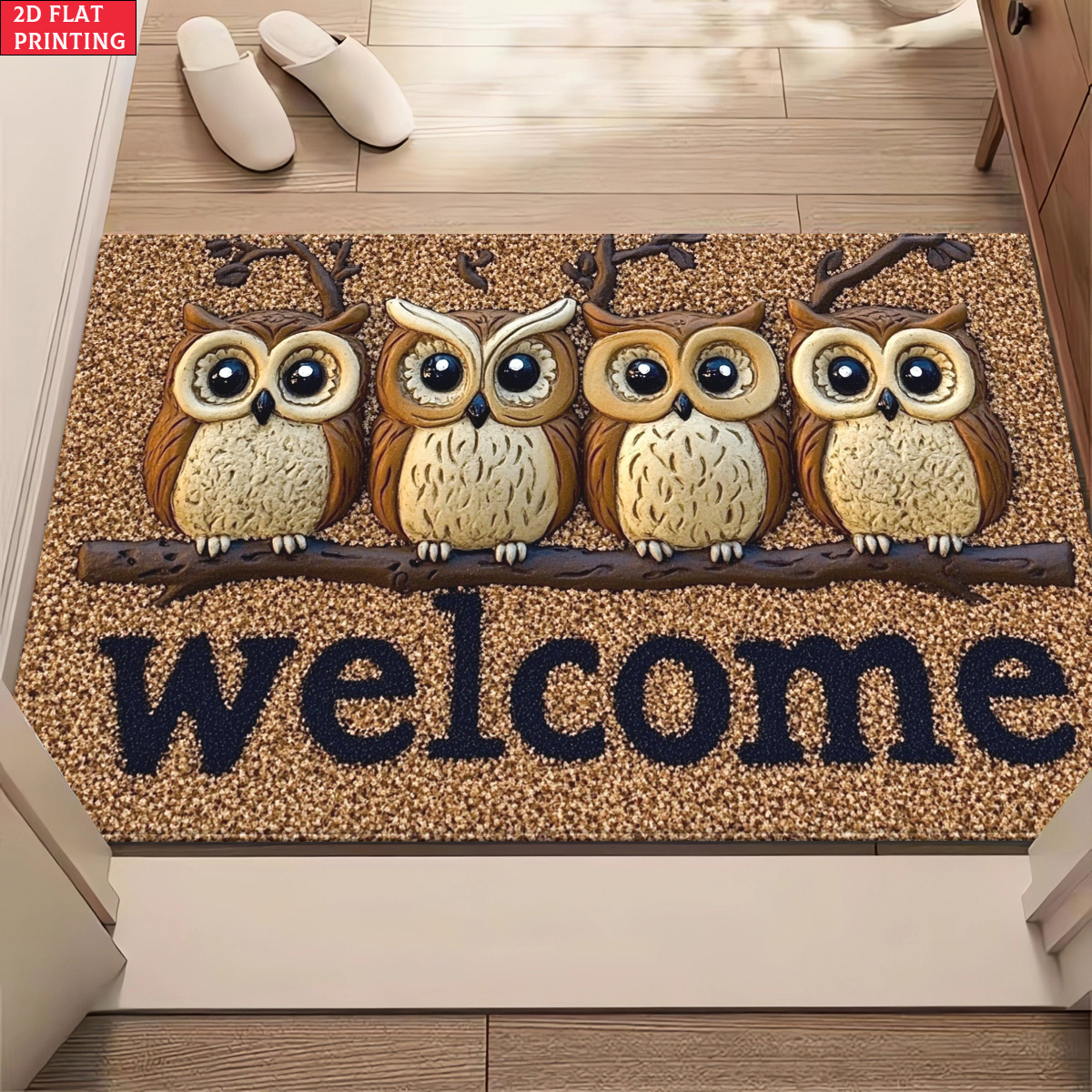 TEMU 2d Flat, 2d Flat 1pc 850gsm Velvet Owl Trio Bathroom Rug, Outdoor Rug, Bath Mat, Microfiber Absorbent Machine Washable Rug For Bedroom, Living