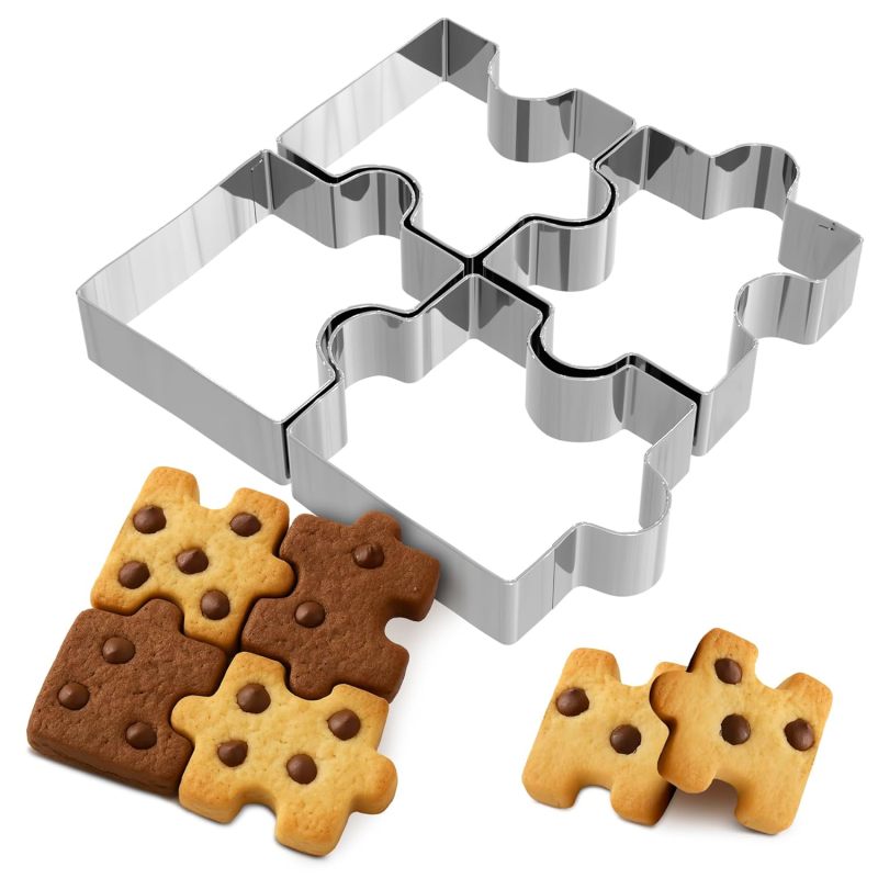 TEMU 4 moules à biscuits en acier inoxydable de puzzle, moules à gâteau réutilisables pour la pâte, le chocolat, les pâtisseries, fournitures de