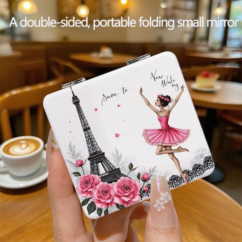 TEMU Espejo Compacto Portátil - Espejo de Maquillaje Plegable Cuadrado de Cara con Diseño de Eiffel y Bailarina, Espejo de Viaje Lindo, para Bolso, ,