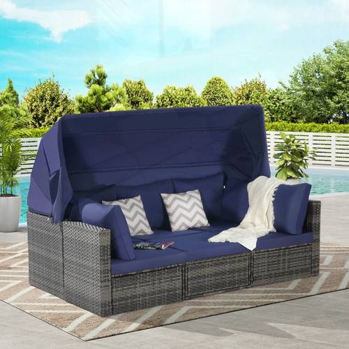 5pcs outdoor patio wicker daybed furniture set with retractable canopy side table and cushions for relaxing in or porch