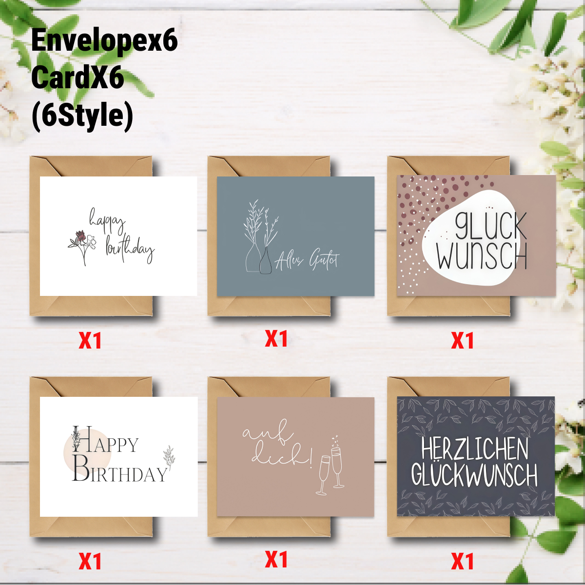 E-shop Set mit 12 stylischen deutschen Geburtstagskarten mit Umschlägen - Einfaches Design, geeignet für Freunde, Familie, Dankbarkeit und verschiedene