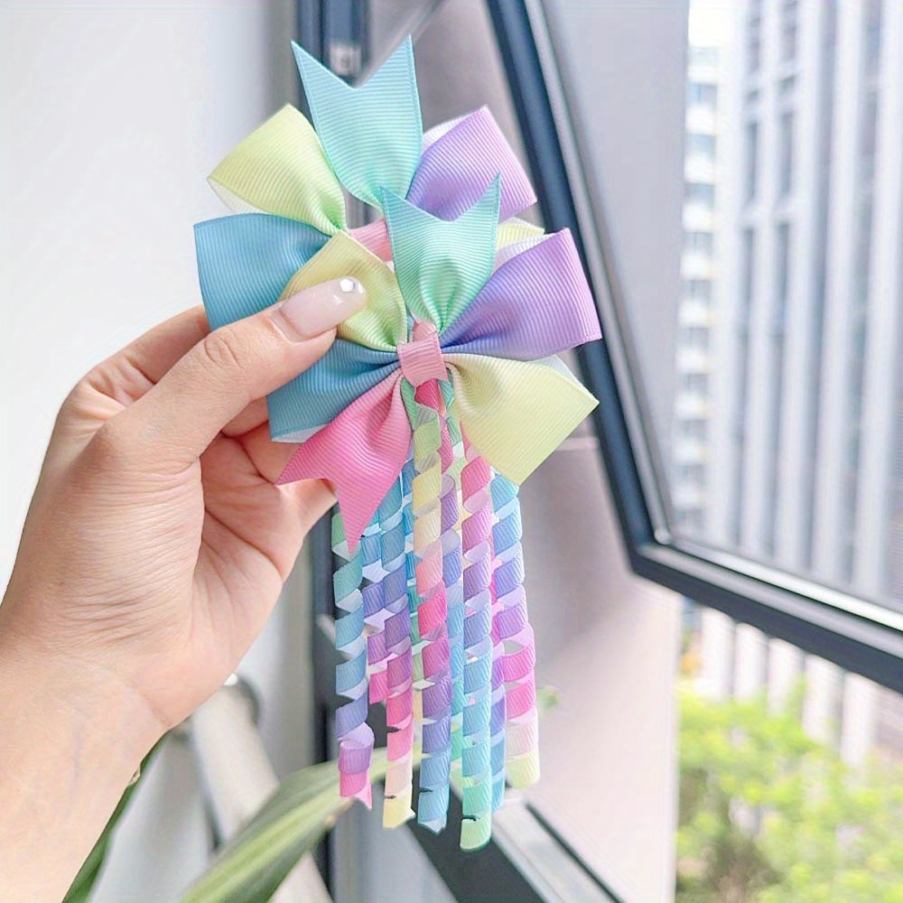 2pcs/set Rainbow Curly Tassel Bow Hair Clips, Colorful Ribbon Hairpins, Cute Tie Dye Style, Daily & Casual Accessory, Hair Accessories Suitable For Are A Good Gift