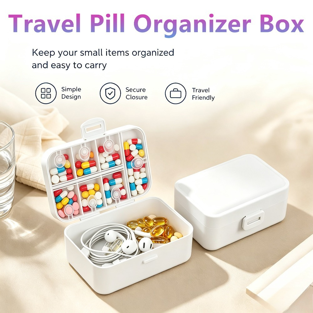 TEMU 1pc Portable 8 Compartments Travel Pill Organizer Box, Compact Daily Medicine Vitamin Storage Case, Pocket Size Pill Container For Pills,