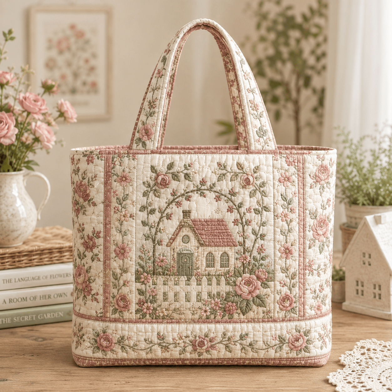 Image of 17x15-inch Large Capacity Quilted Tote Bag Suitable For Handbag, Cream Dusty Pink Prairie Rose & Sage Vine Embroidery Design, Soft Handbag For,, Shopping, Travel - Cream/dusty Pink Country Style Gift