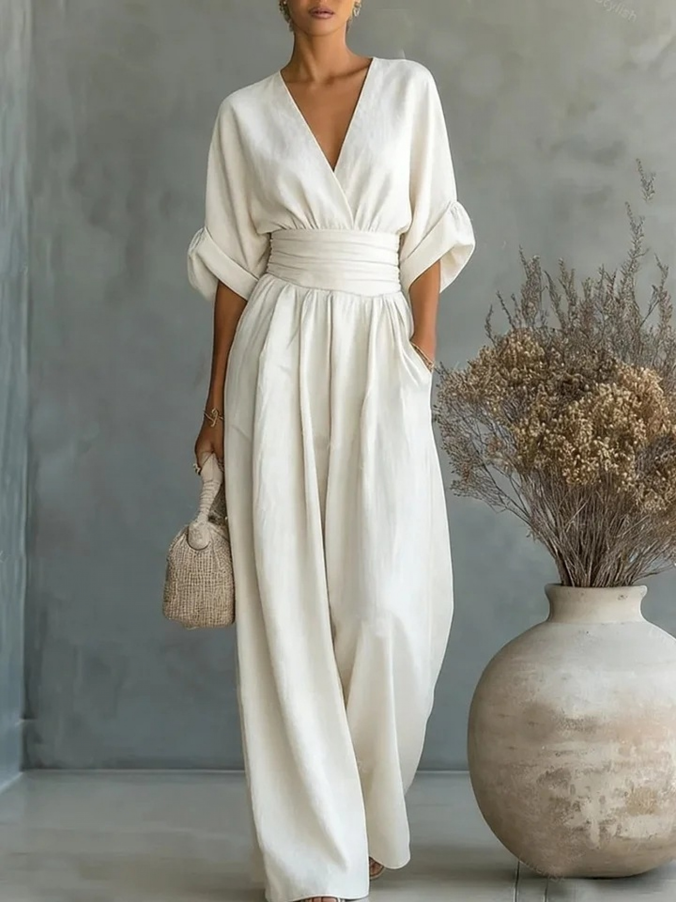 womens v neck waist cinching wide leg jumpsuit with batwing sleeves for a casual look
