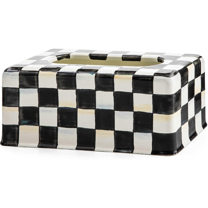 1pc elegant black and white checkered tissue box cover with golden accent -   decor, durable round tissue holder with hinged lid, fits standard tissues, decorative storage box for living room, bathroom, bedroom - ideal housewarming gift ( /beige) -   decor accessory with   check pattern,   powder rooms & guest rooms, sophisticated use Product details 0