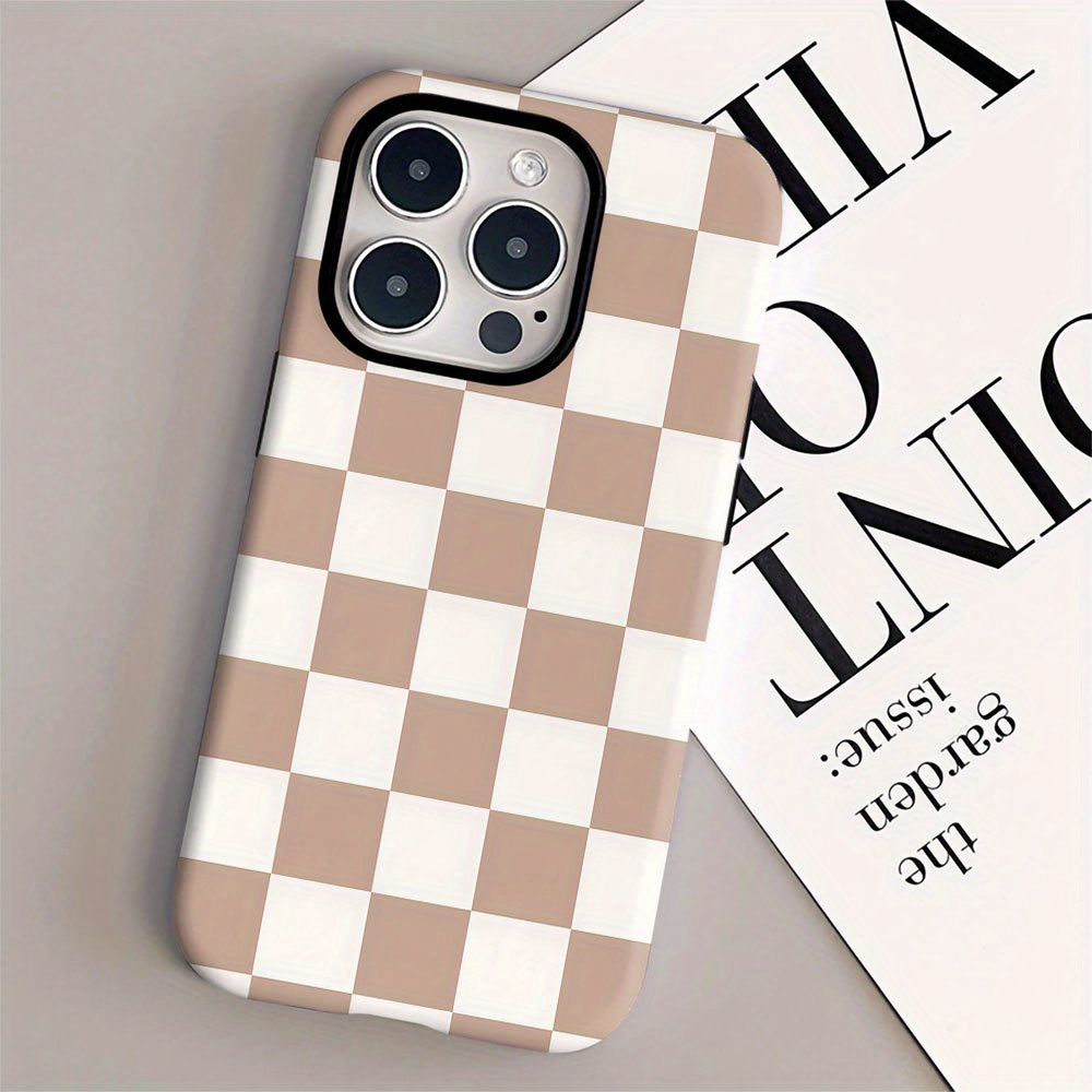 TEMU Phone Case: Phone Case- 2-in-1 Film Case, Brown And White Checkered Design- Durable And Sturdy, Double-layer Protection, Shockproof And
