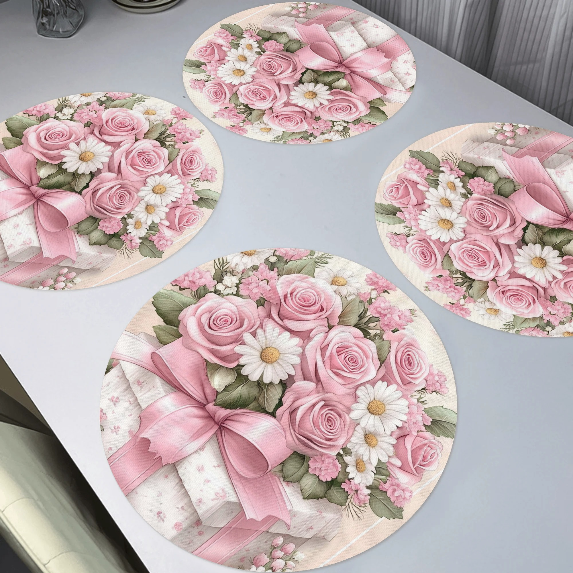 

4pcs Spring Pink Floral Round Placemats, 15" Polyester Woven Non-slip Washable Table Mats For Home, Kitchen, Banquet, Party Dining Decor