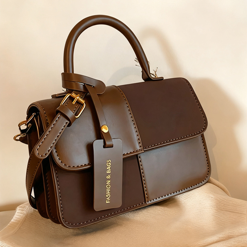 TEMU Women's Large Capacity Crossbody Bag - Elegant Brown Synthetic Handbag With Magnetic Closure, Adjustable Strap & Golden-tone Hardware, Spacious