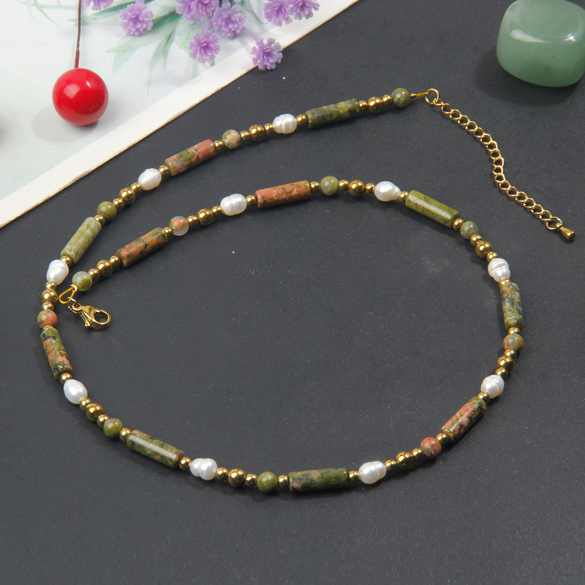 TEMU Natural & Bohemian Cylinder Bead Necklace With Golden Accent Collarbone Chain - Minimalist Suitable For Casual Attire,,, Vacations, Versatile
