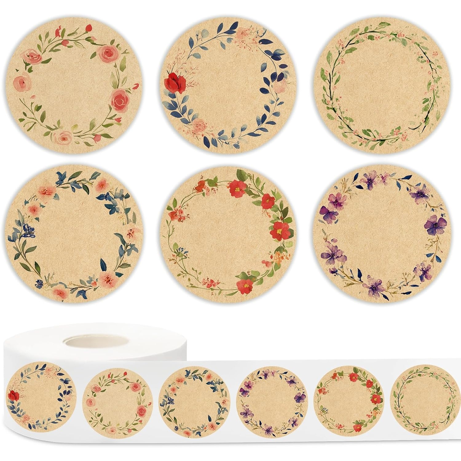 TEMU Rollo de 500 pegatinas de etiquetas de de , pegatinas de etiquetas de corona de flores de acuarela, calcomanías autoadhesivas para decoración de