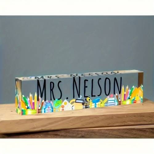 custom engraved acrylic desk nameplate personalized employee appreciation teacher gift rectangular plaque with colorful school themed design ideal for wedding diwali engagement new year valentines day celebrations no power needed personalized gift colorful design durable nameplat