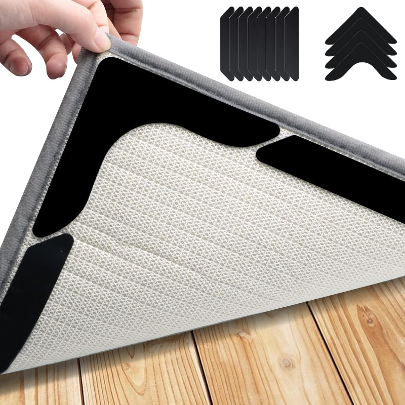 Image of Set Of 12 Premium Non-slip Carpet Grippers - Black, Suitable For Living Room, Dining Room, And Bathroom Carpets - Prevents Slipping And Curling