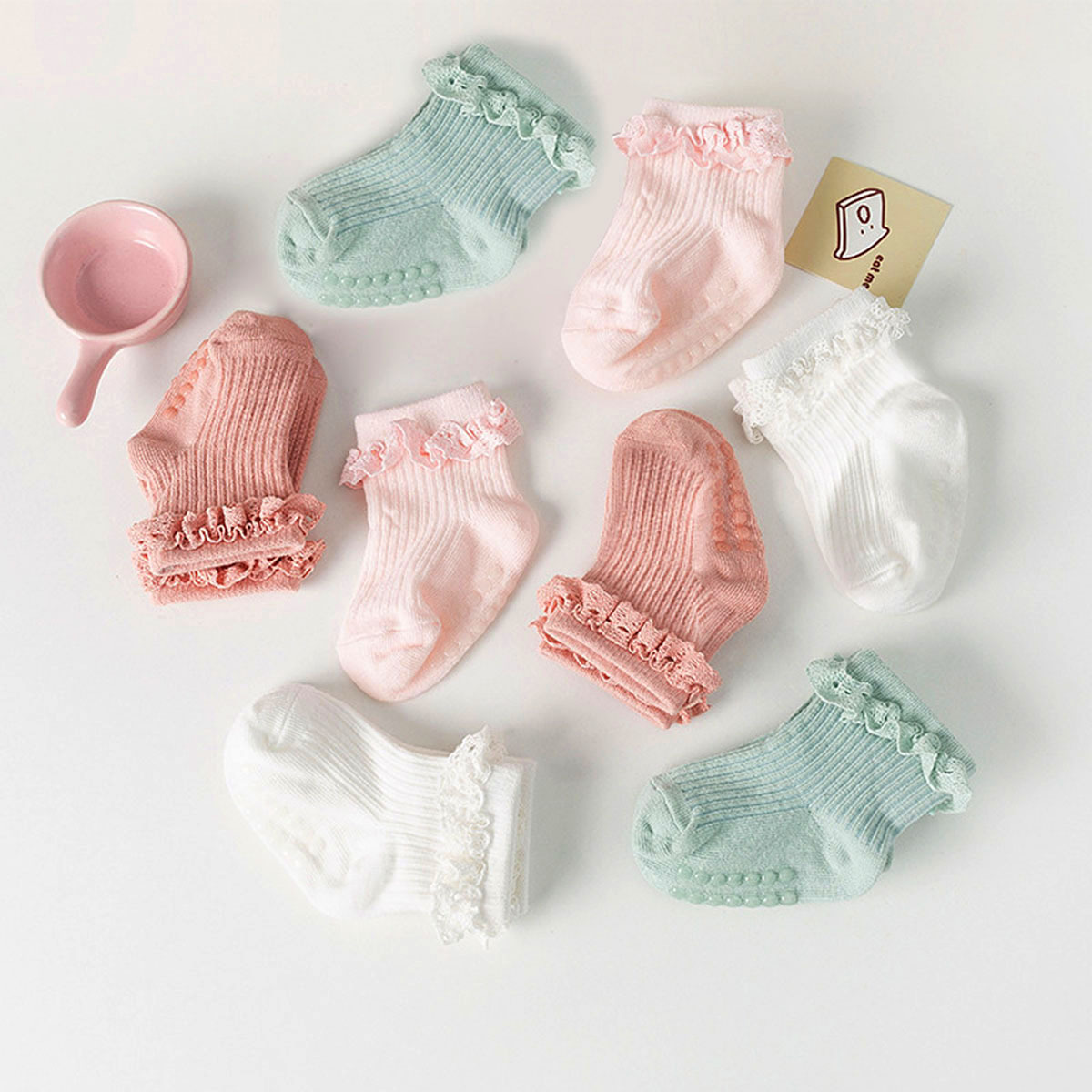 

4 Pairs Of Non-slip Socks For Children, Solid Color Lace Socks For Girls, Baby Floor Socks Suitable For All , Perfect As A Birthday Gift For Babies Or A Valentine's Day Present.