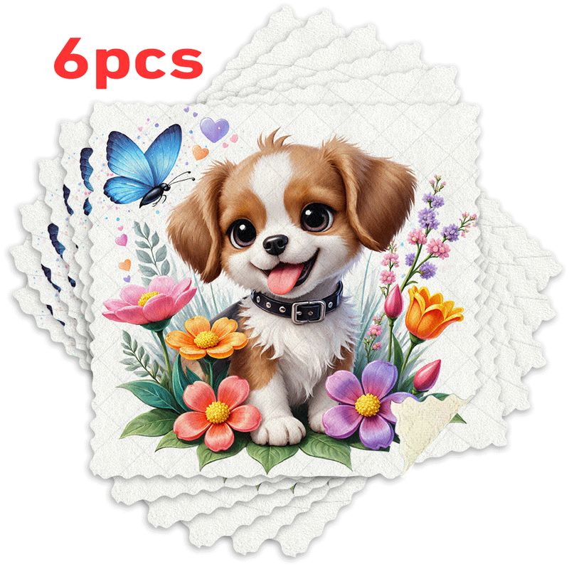TEMU Set Of 3/6 Kitchen Dishcloths Featuring A 2d Design Of A Small Dog Sticking Its Tongue Out Blue Heart Floral Patterns. Reusable Cleaning Cloths