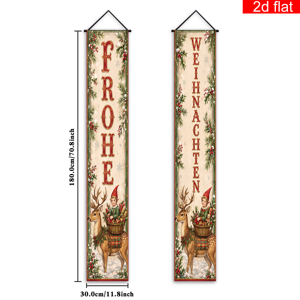 TEMU 2D-Flach, 2 Stk. deutsches Frohe Weihnachten Banner, geeignet für Weihnachts- & Neujahrsdekoration – Retro-Rentier, Elf, Stechpalmenbeere