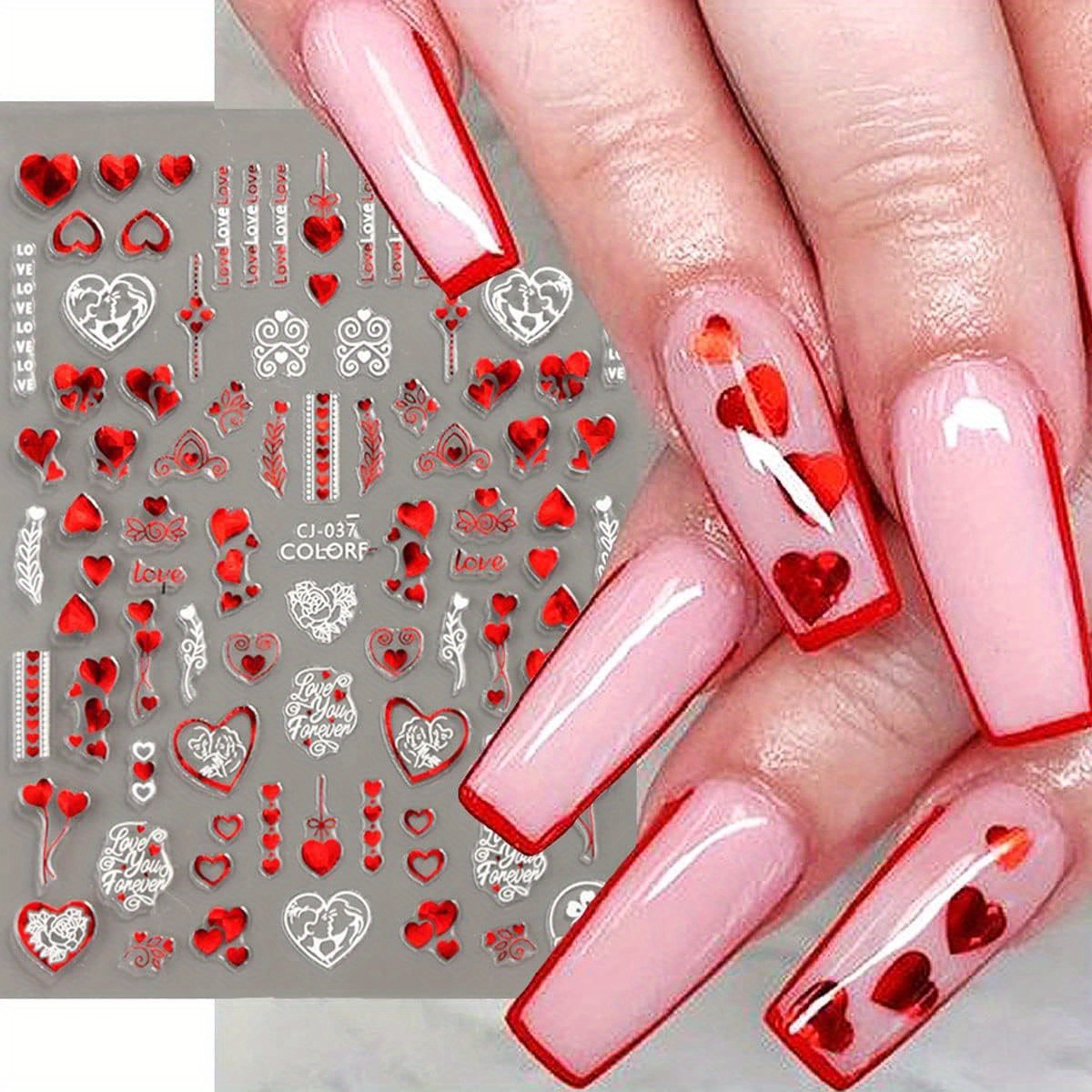 

6 Sheets Valentine's Day Nail Art Stickers - 3d Self-adhesive Love Heart & Rose Decals, Glitter Irregular Shapes For Plastic , Single Use Manicure Decor For Women And Girls