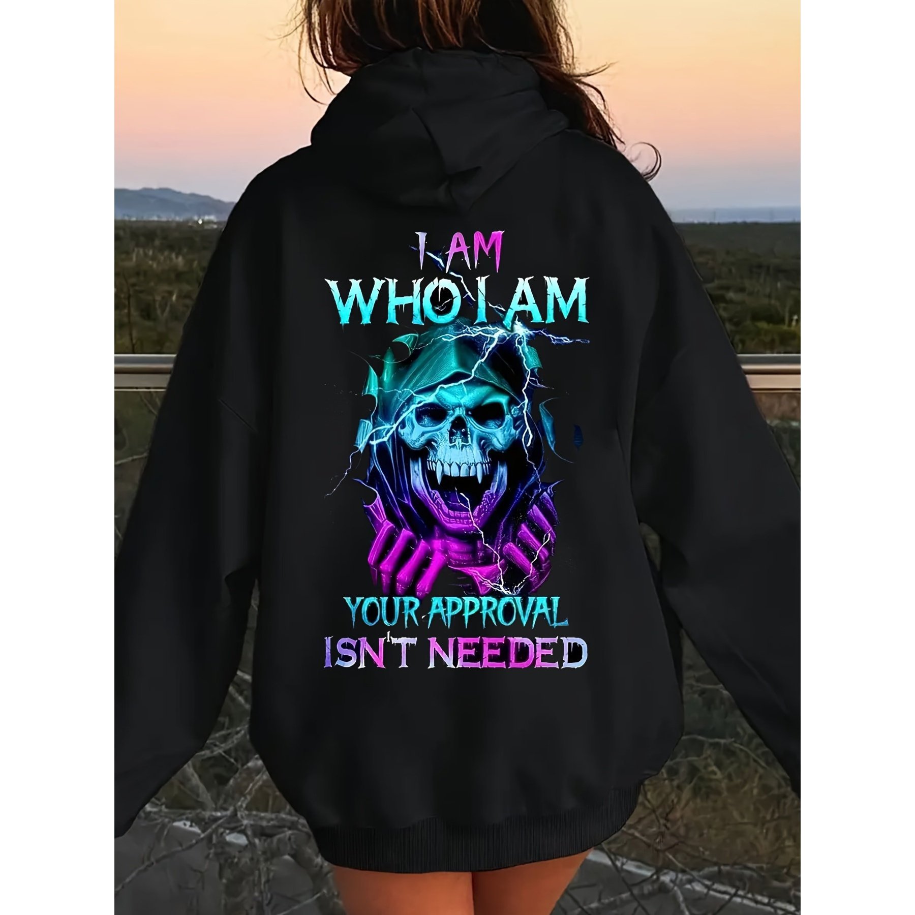 

Size Hoodie, Casual Skull Letter Print Long Sleeve Hoodie With Drawstring, Soft All- Top