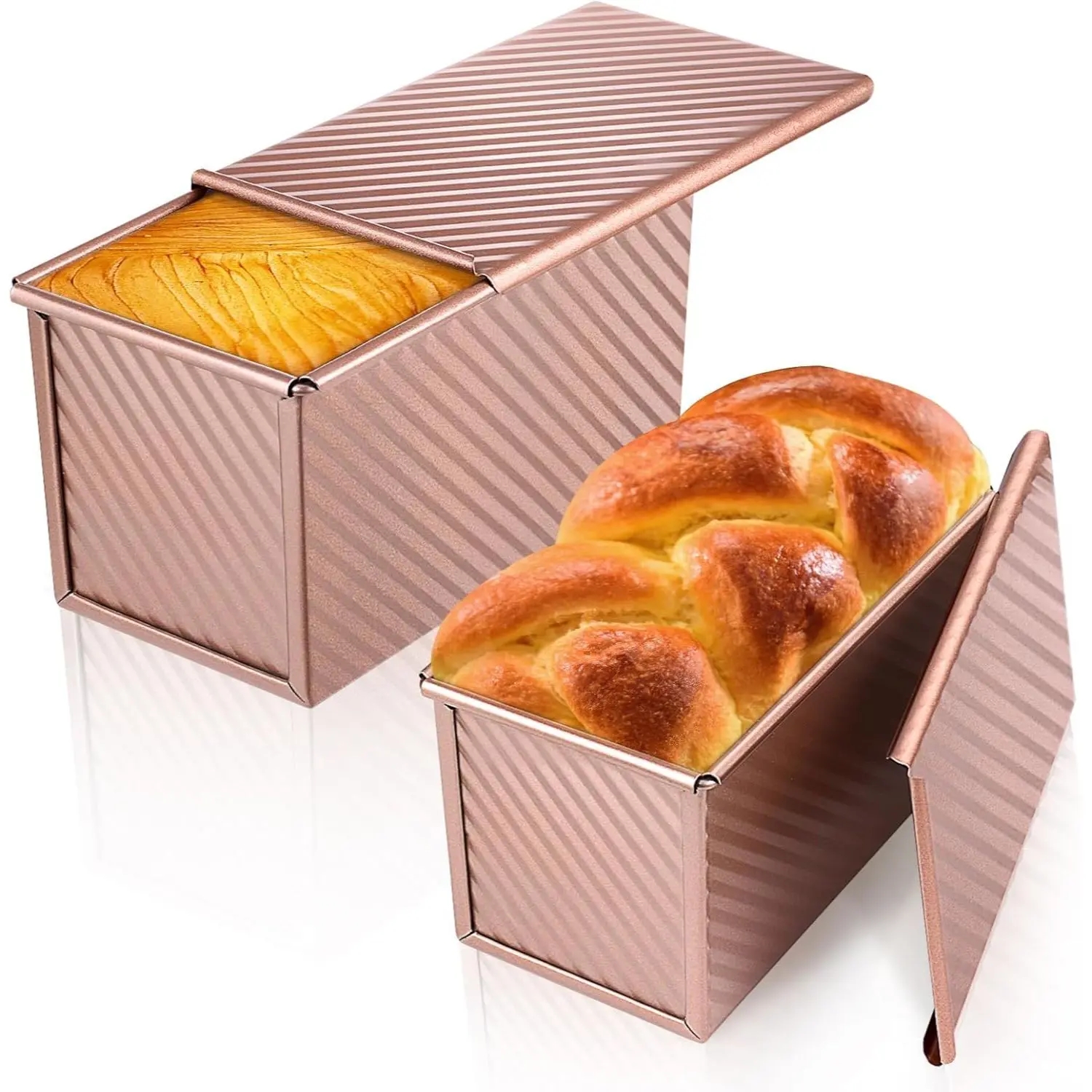 TEMU 2pcs Pullman Loaf Pan With Lid, 8. 4x4. 7 & 7. 4x3. 7 Inch Bread Loaf Pans, Carbon Steel Corrugated Sandwich Bread Loaf Pan Bread Toast Mold For