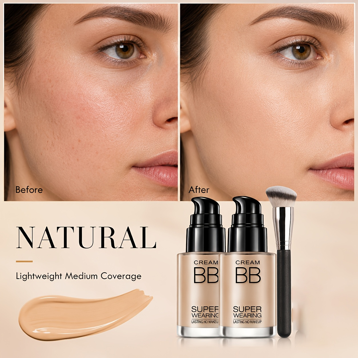 Image of 2pcs Set Of Bb Cream Liquid Foundation And Brush, Including Natural-colored Moisturizing Concealer (with Brush Head) Provides Long-lasting Skin , Ultra-long Makeup , Medium Coverage, And A Matte End