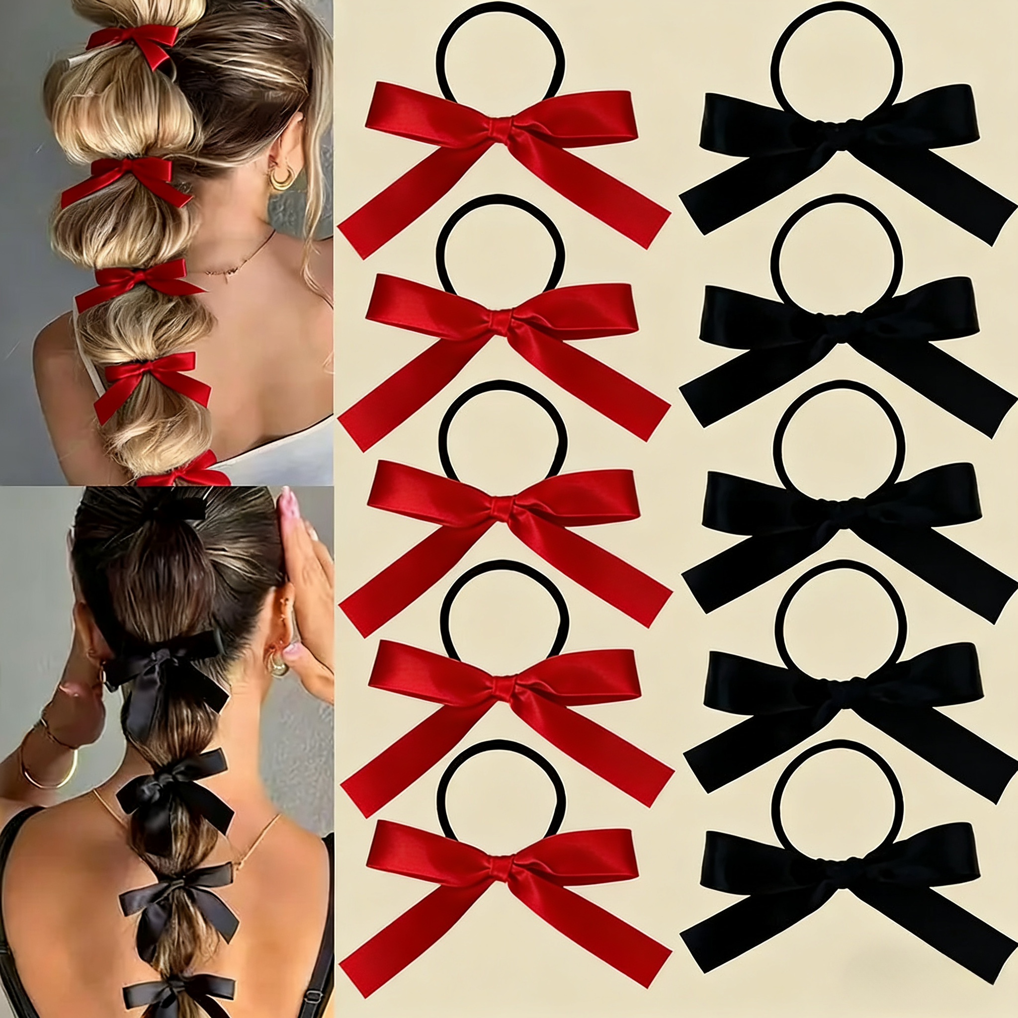 10pcs Women's Red& Black Bow Hair Ties- Vintage Minimalist Elegant Hair Elastics With Bowknot, Suitable For Christmas, Valentine's Day, Ballet, Wedding, Party, Daily Wear Hair Additions