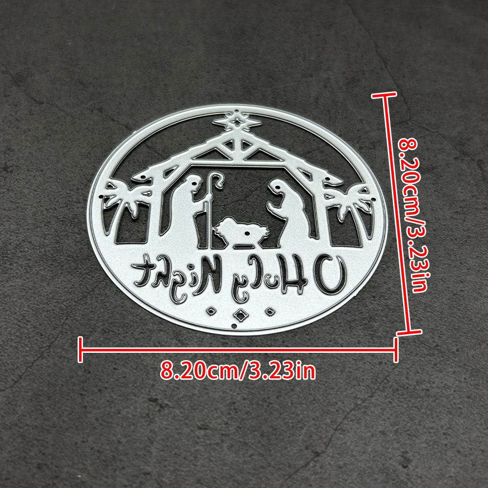 TEMU 1pc O Holy Night Nativity Circle Scene Metal Cutting Die, Hollow Round Manger Holy Family Palm Tree Word Embossing Stencil For Handmade Xmas