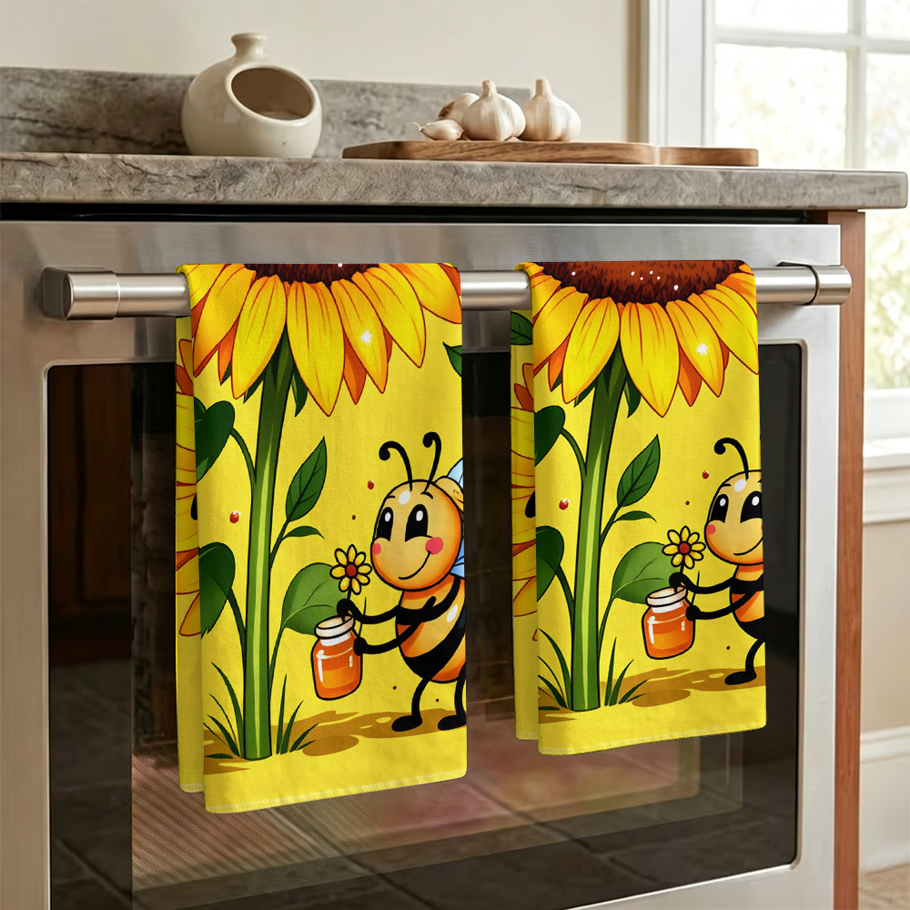 TEMU 1 pièce/2 pièces Serviette de cuisine à imprimé dessin animé et abeille - Super absorbante, torchons réutilisables, parfaite pour la décoration