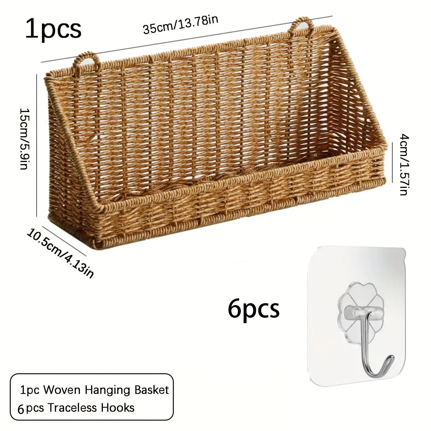 Image of Rattan Woven Hanging Basket + 6 Traceless Hooks Wall Basket Space- Wall Organizer With Hooks For Kitchen, Bathroom, Living Room, Bedroom Decoration Storage Basket Magazine Tool - Easy, Shelf Baskets