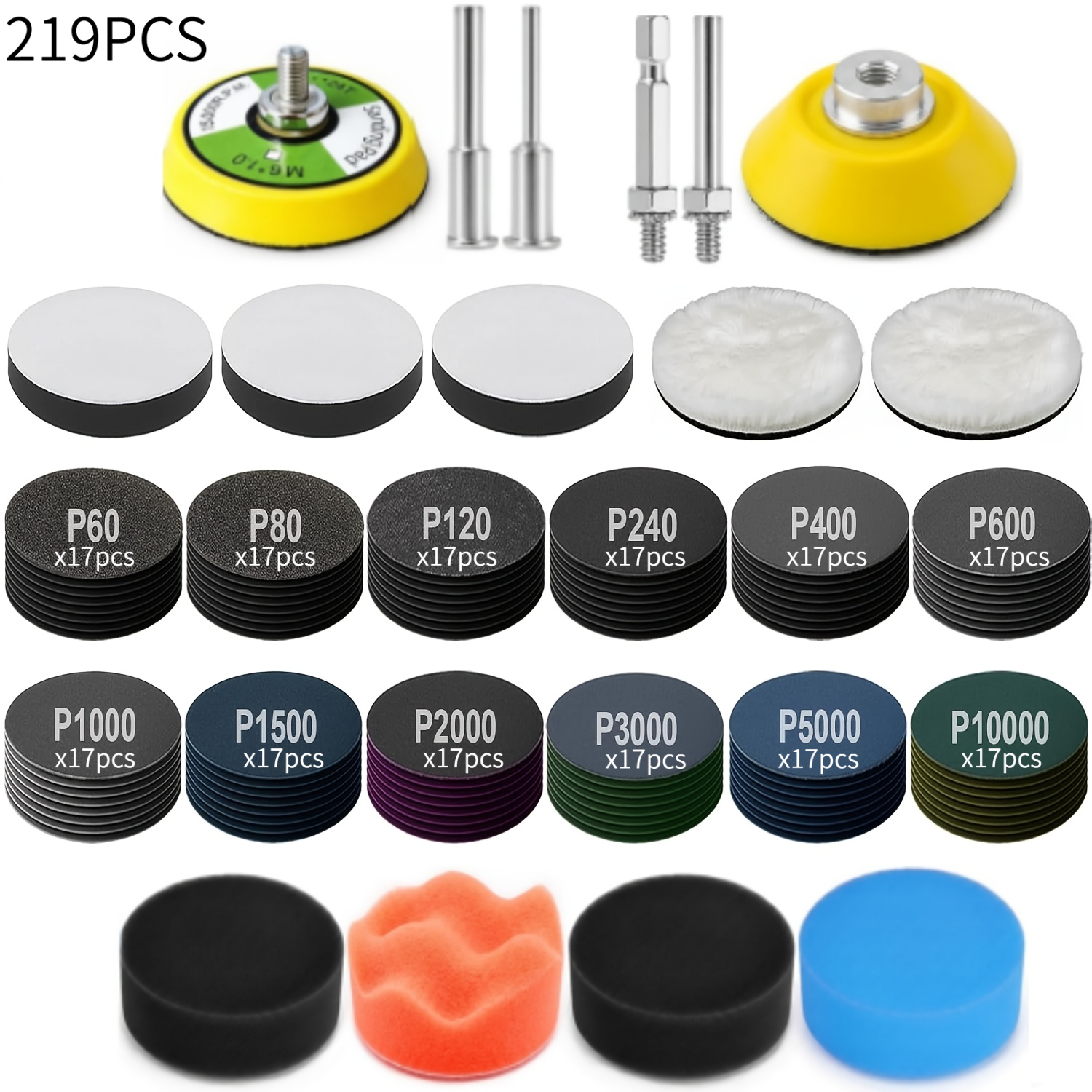 TEMU 135/195/219pcs 2inch Sandpaper Polishing Kit, 60-10000 Grit Wet And Dry Sandpaper, With Sponge Pad, Sandpaper Set, Equipped With Drill Support