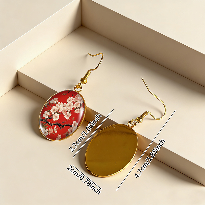 Women's Chinese Plum Blossom Art Dangle Earrings, Golden Oval Design