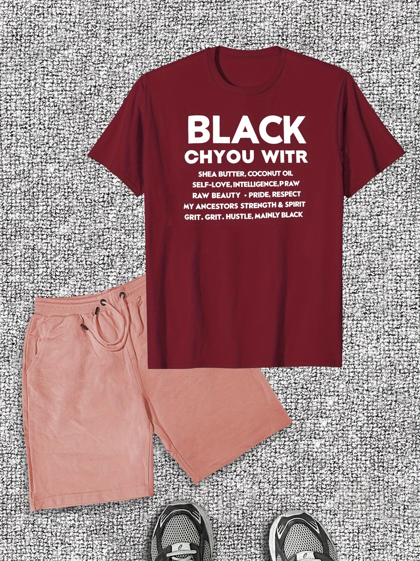 Men'S Casual Cotton T-Shirt & Shorts Set - Bold Black with White Text, Crew Neck, Short Sleeve, Summer Outfit, Cotton Fabric, Casual Style, Casual Summer Outfit|Bold Text Tee|Comfortable Fit, Cotton T Shirt