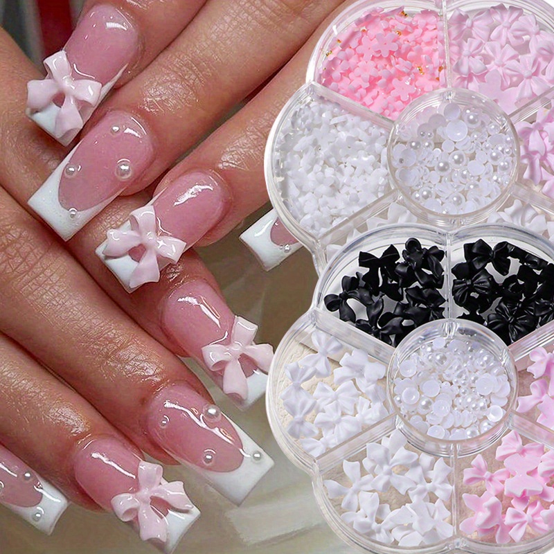 TEMU Of Assorted Colorful Bowknot Nail Charms, Heart-shaped Pearls, And Flower Flat-back Gems For Nail Art And Manicure Embellishments