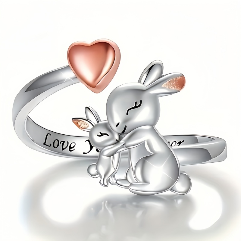 Image of Cute Mother Rabbit Hugging For Women Party Banquet Daily Holiday With '' Engraving Animal Rabbit Ring Jewelry Gifts