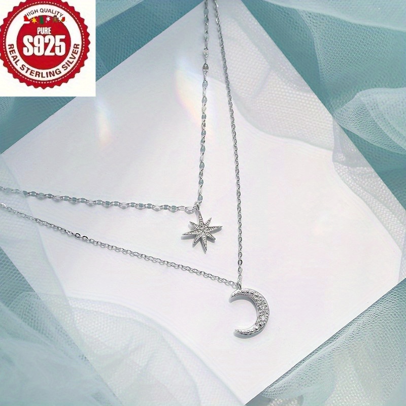 Women's S925 Sterling Silver Starry Moon Double Layered Pendant Necklace