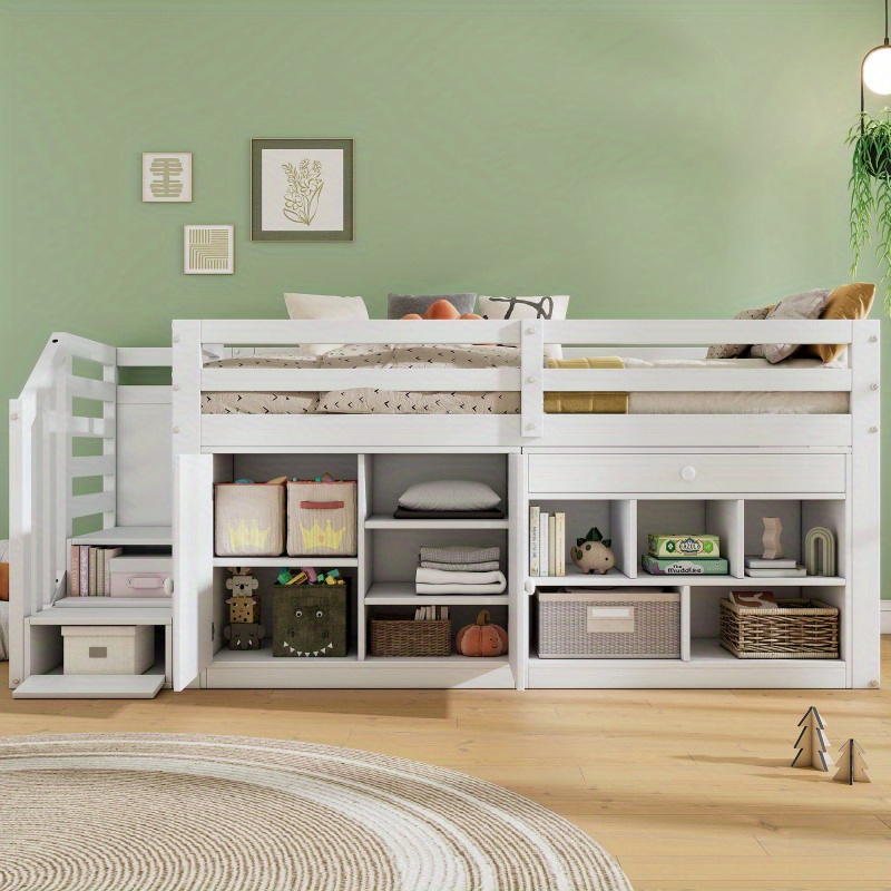 Multifunctional White Wooden 'S Bed with Stairs Storage Space and Reversible Drawers for Desk Use Left Right Interchangeable Design 90190 cm Without Mattress