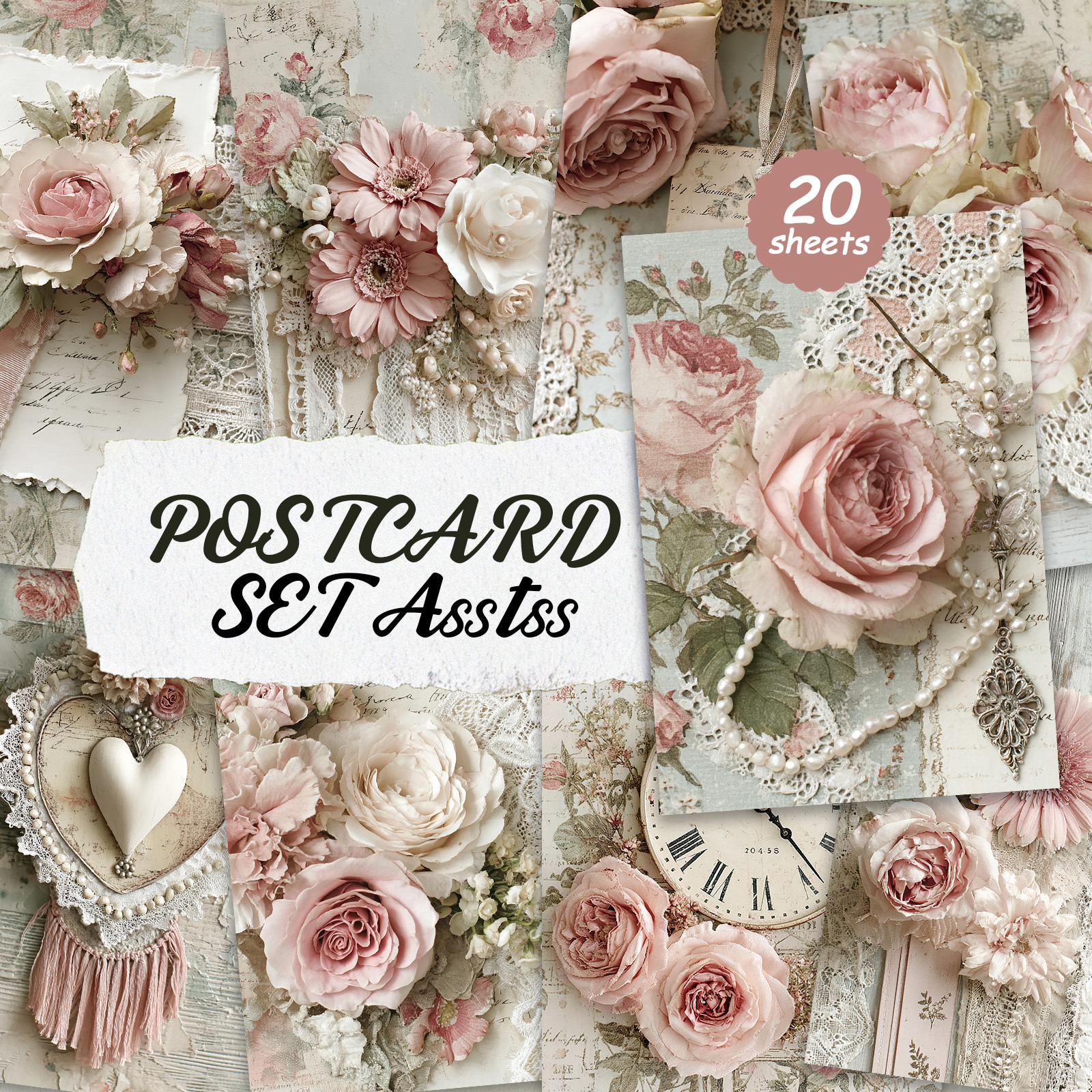 TEMU Set Of 20 Assorted Vintage Victorian Lace Flower Postcards Measuring 4x6 Inches, Retro Junk Journals, Featuring Classic Pinup Illustrations That