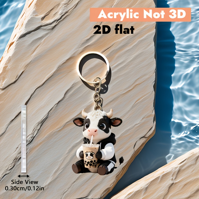 2d Flat, 1pcs2d Flat Acrylic Keychain With A Cute Little Cow Pattern Drinking Milk Tea. The Adorable And A Great Bag Charm. Suitable For Car Keys, Backpacks, And Wallets, And Is A Gift., 2d Flat