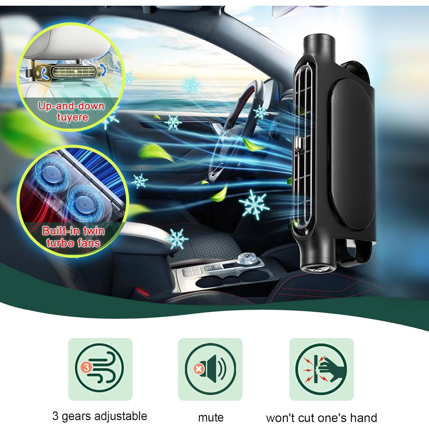Car Seat Fan 3 Speeds Adjustable Car Headrest Cooling Air Fan USB Power Portable