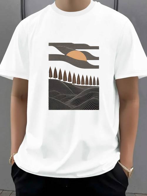 minimalistisches sonnenuntergang berglandschaft herren freizeit kurzarm t-shirt, rundhalsausschnitt, 100% reines material, grafikdruck t-shirts, alltagskleidung, geschenk, für sommer strand, urlaub, geschenk für freund