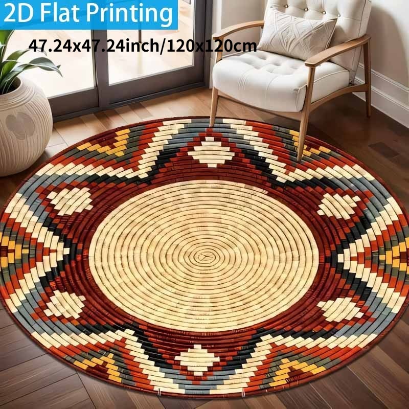 TEMU Tapis de salon rond 1 pièce, style ethnique à motif géométrique, imprimé sur flanelle plate 2D, antidérapant et lavable en machine, léger, doux
