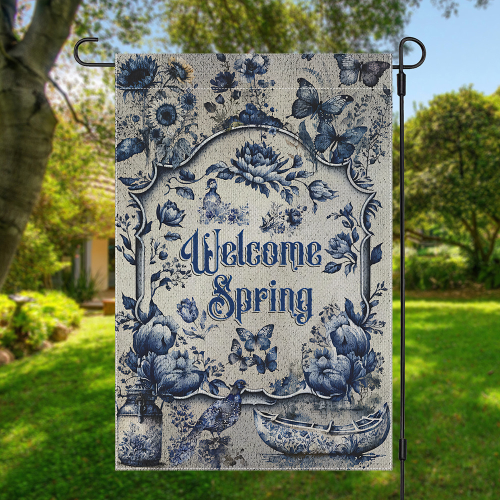 

1pc Welcome Flag - Double-sided Polyester Yard Decor With Floral, Butterfly, , And For Home, Outdoor, And Holiday Decoration, 12x18in (flagpole Not Included)