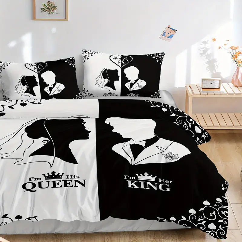 3pcs king queen couple 3 printed duvet cover set wedding bedding set for black and white bedding for bedroom or decor polyester comforter cover gift 1 quilt cover 2 pillowcases Product details 5
