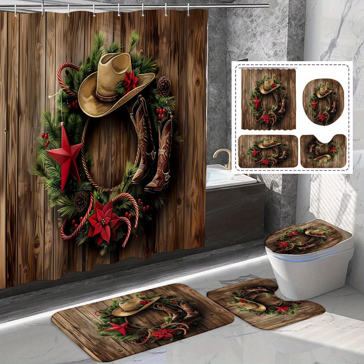 

1/4pcs Christmas Hat Curtain Set, Bath Mat Carpet, Shaped Mat , Shower Curtain, 71x71 , 12 , Bathroom