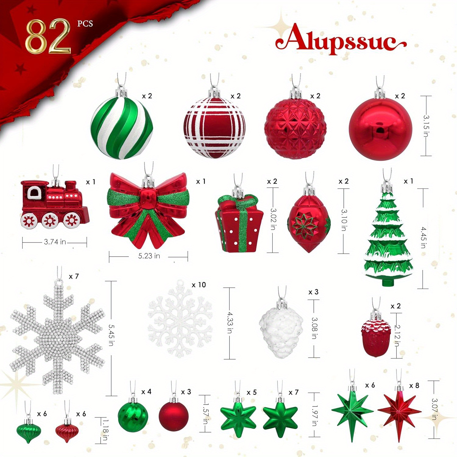 Image of Set Of 82 Christmas Decorations, A Traditional , Made Of Shatterproof Plastic For , Wedding, And Party , Featuring Hanging Strings In Golden, Red, And Red, Green, And White