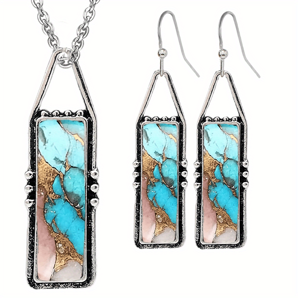Stylish And Artistic Jewelry Collection Featuring Geometric Retro Bohemian Blue Pendant Necklace And Earring Set, Ideal For Celebratory Occasions And Gift