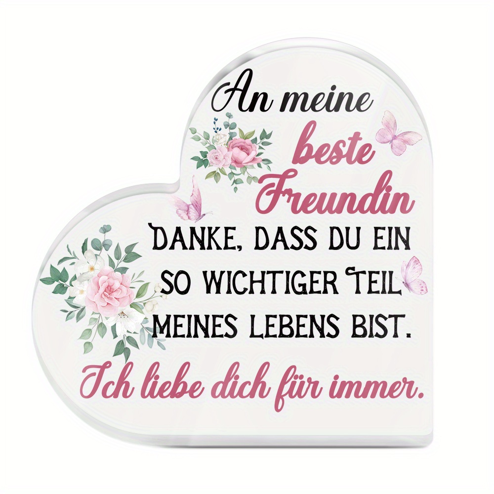 E-shop 2D Flach, 1 Stück Putuo Dekor Herzförmiges Acrylschild mit Deutschem Freundschafts-Zitat – Florales Design für Zuhause, Landhaus-Wohnzimmer –